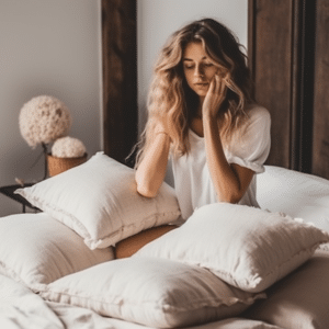 Woman waking up in bed surrounded by latex pillows