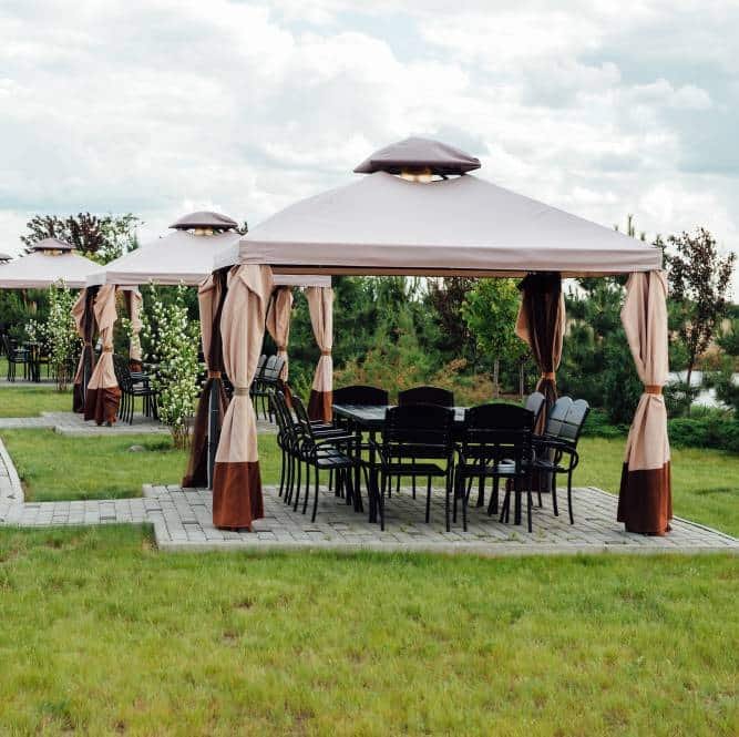 a beauty garden with modern gazebo