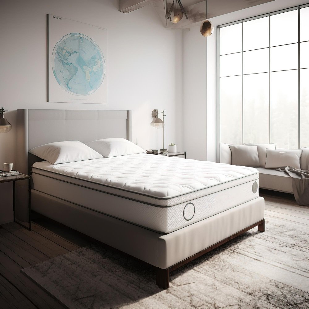 a bedroom with a bed and a lamp