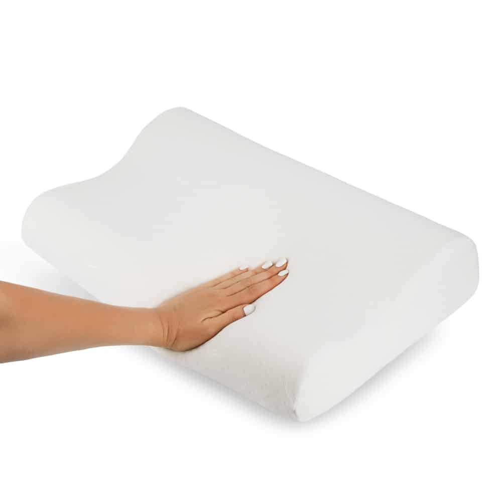 a lady testing out a latex pillow