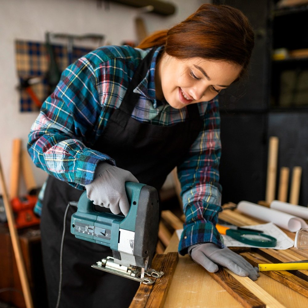 a lady using a jigsaw to make a cut
