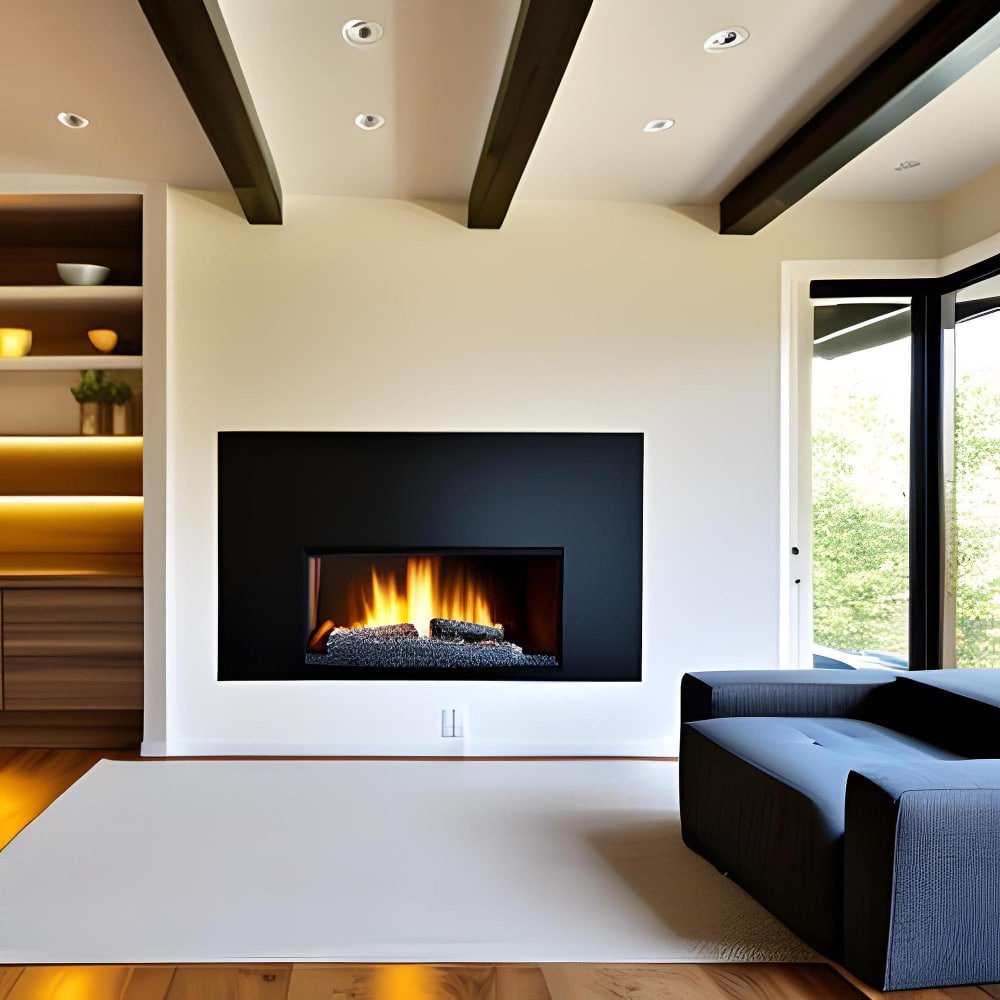 a living room with a fireplace and a couch