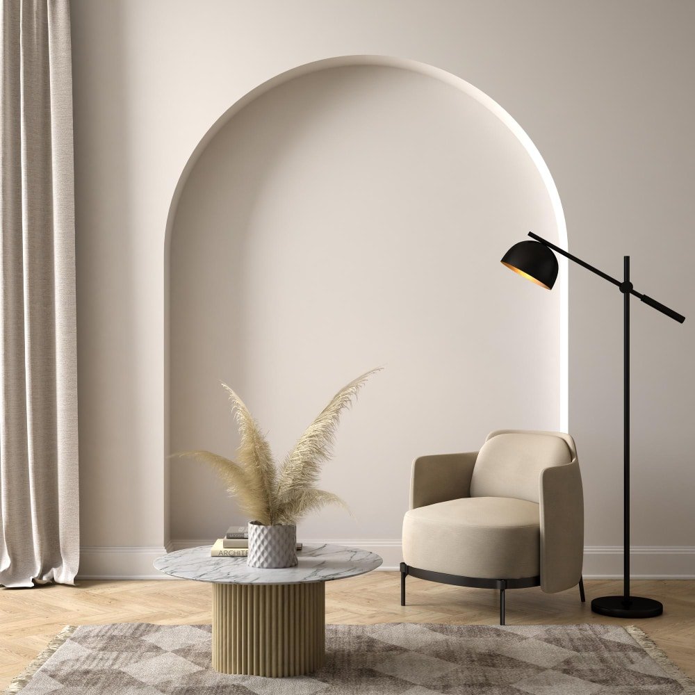 a minimalist living room with a floor lamp