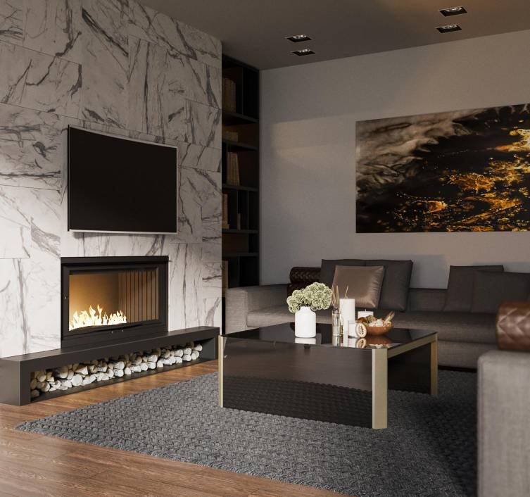 a modern living room with electric fireplace