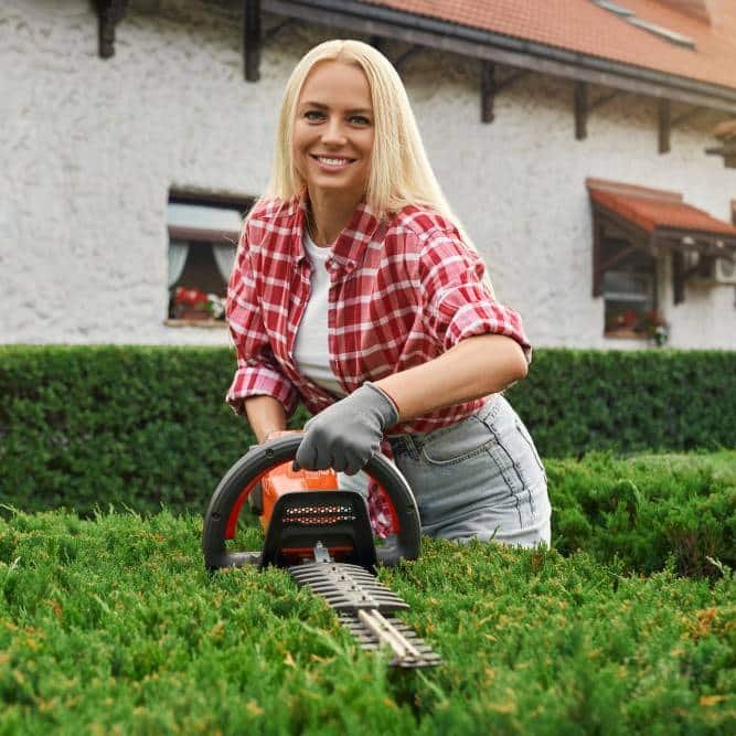 a woman pruning bushes using a hedge trimmer