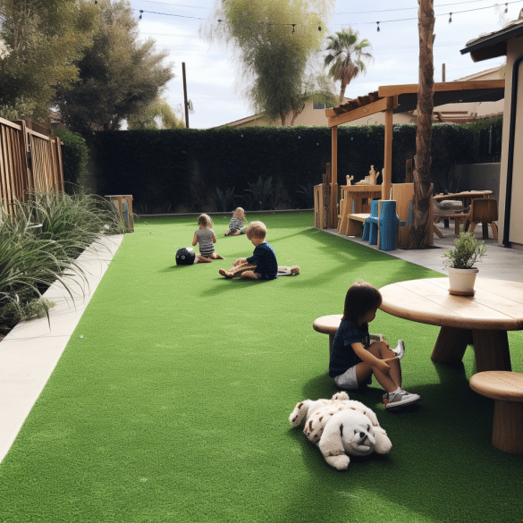 children happily playing on fake green turf