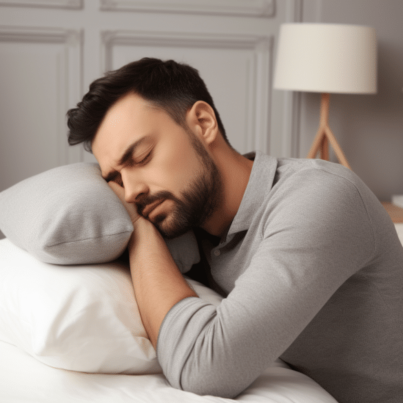 man soothes neck pain with soft feather pillow