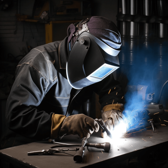 man sparks metal with mig welder