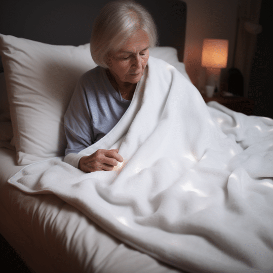 old lady cozies up with electric blanket