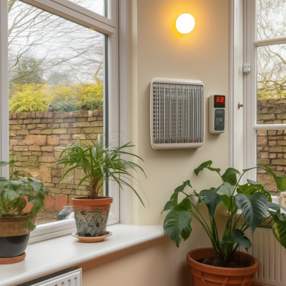 small heater warms cozy conservatory during winter