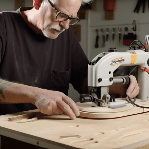 the man carefully operates the scroll saw