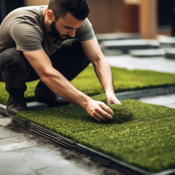 the man carefully removes glue from artificial grass