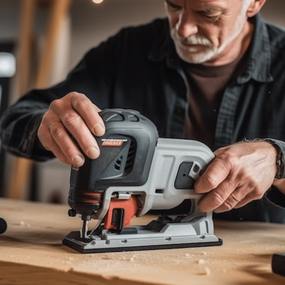 the man skillfully cuts with the jigsaw blade
