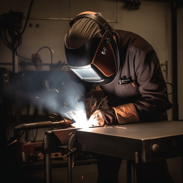 the man skillfully welds metal with his mig