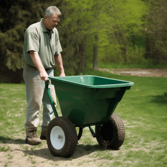 the man spreads lawn feed with a spreader