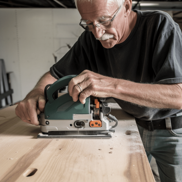 the man used a jigsaw to carve wood