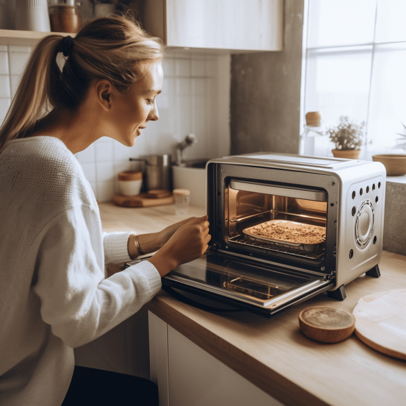 the woman enjoys the convenience of her mini oven