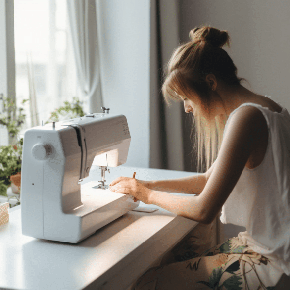 the woman skillfully operates the sewing machine