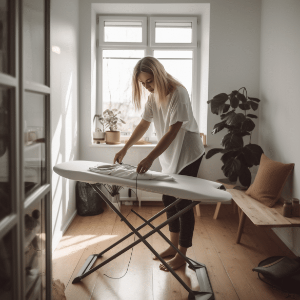 woman irons clothes on sturdy ironing board