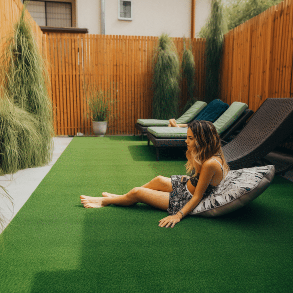 woman relaxed under the sun on artificial grass